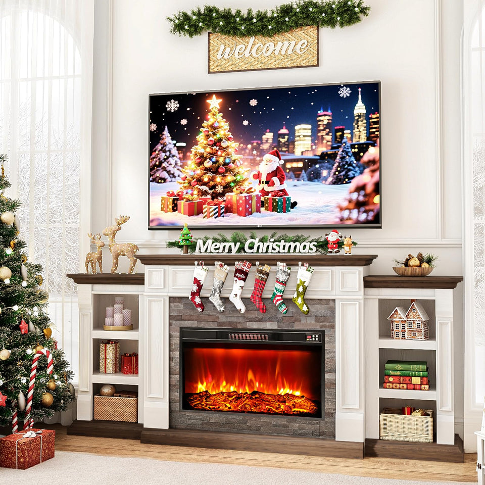 80" Fireplace TV Stand for TVs Up to 90 Inch, Electric Fireplace with Mantel, Farmhouse Entertainment Center with Storage, Realistic Stacked Stone Surround with Remote Control for Living Room