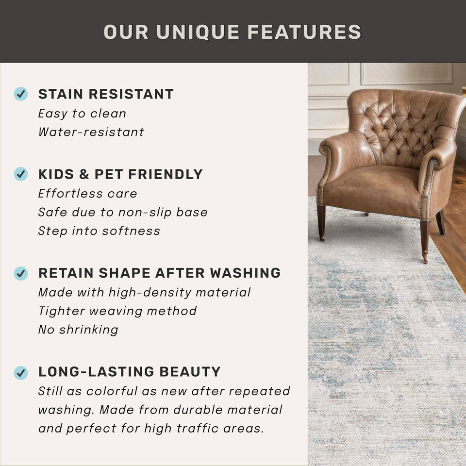 Neutral Living Room Rug - 10x14 Farmhouse Beige Brown Large Area Rug for Dining Room, Bedroom, Low Pile Lightweight Washable