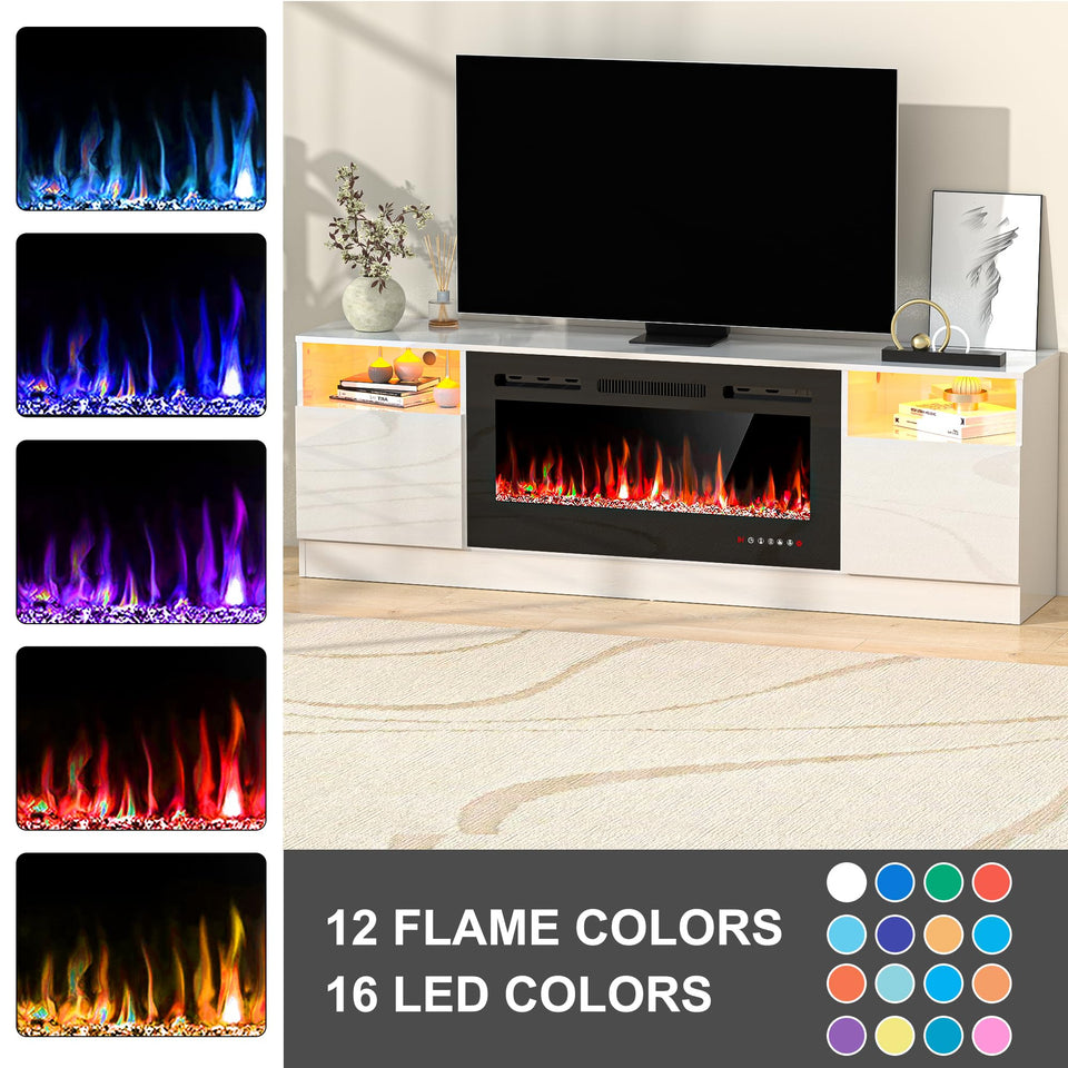 OUTGUAVA Fireplace TV Stand for 80 Inch TV, TV Stand with 36" Fireplace, LED Light Entertainment Center with Storage Cabinets, Media TV Console TV Table for Living Room, Black