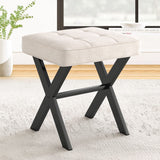 LUE BONA Square Linen Makeup Stool, Metal X Legs, Small Ottoman Stool Chair for Vanity, Modern Padded Seat Foot Rest for Makeup Room, Bathroom