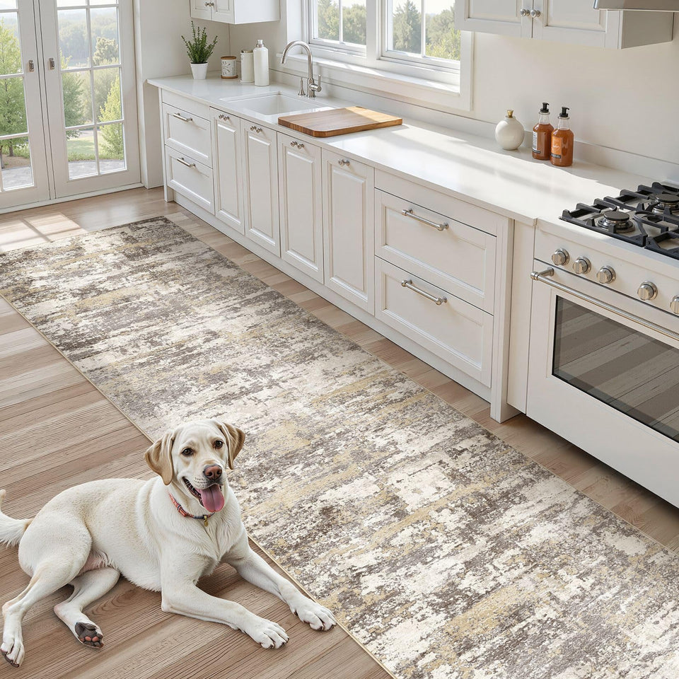 Area Rugs for Living Room: 12x15 Abstract Washable Rug Modern Neutral Large Soft Stain Resistant Non-Slip Backing Machine Table for Bedroom Dining Room Indoor Home Office Carpet - Gold Brown