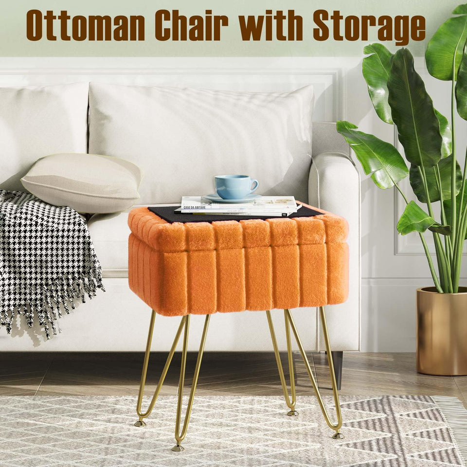 Greenstell Vanity Stool Chair Faux Fur with Storage, 15.7"L x 11.8"W x 19.4"H Soft Ottoman 4 Metal Legs with Anti-Slip Feet, Furry Padded Seat, Modern Multifunctional Chairs for Makeup, Bedroom Pink