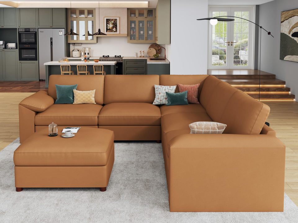 EASE MOOSE Leather Sectional Couch, Oversized Modular Sectional Sofas, Wide Deep Seat Modular Couch, Scratch Resistant Faux Leather Material, L Shaped Sofa for Big Spaces,Beige