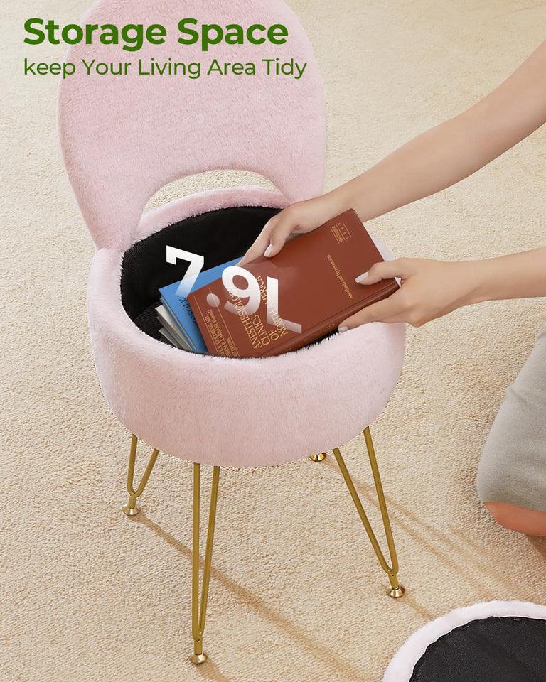 GREENSTELL Small Vanity Stool Chair with Storage and Folding Back, 13" x 13" x 17.7" Faux Fur Soft Ottoman for Teenager, 4 Metal Legs with Anti-Slip Feet, Furry Padded Seat for Makeup, Bedroom, White