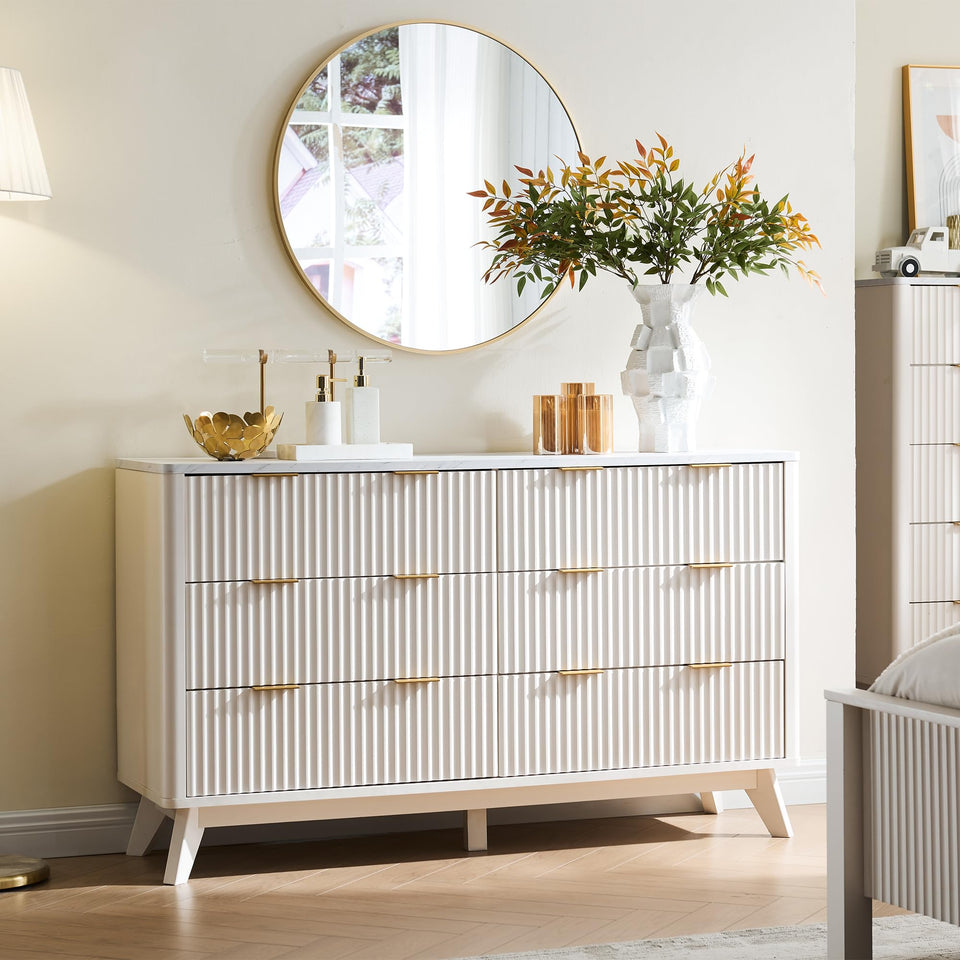 T4TREAM Fluted 7 Drawers Dresser, 54" Wide Modern Chest of Drawers with Faux Marble Top, Curved Profile Design, Dresser TV Stand, Wood Drawer Organizer for Bedroom, Living Room, Hallway, Natural Oak