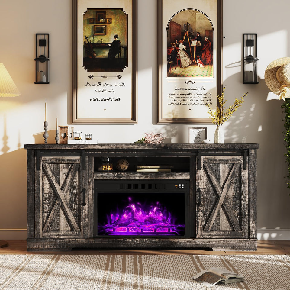 AMERLIFE Fireplace TV Stand with Sliding Barn Door for TVs up to 73", Farmhouse 63" Fireplace Entertainment Center with Storage Cabinets/Adjustable Shelves, Distressed White & Barnwood