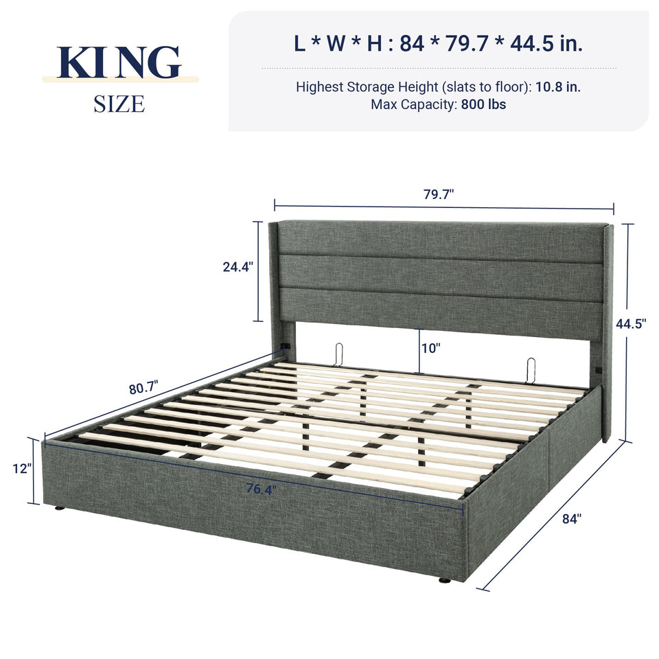 Allewie King Size Lift Up Storage Bed, Modern Wingback Headboard, Hydraulic Support, No Box Spring Needed, Light Beige