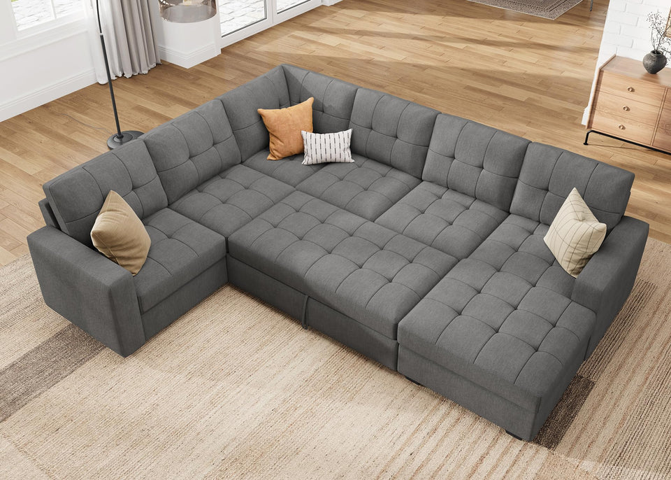 HONBAY Sectional Sleeper Sofa Pull Out Bed with Storage Chaise, Sectional Sofa Couch, Sleeper Couch Bed for Living Room, Dark Grey