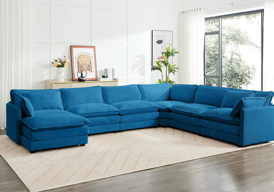 ROWHY 150'' Modular Sectional Sofa Cloud Couch, Corner Sofa Big Comfy Corduroy Oversized L Shaped Couch with 4 Pillows, Chaise, Ottoman, Deep Seat Couches for Living Room Office, Dark Grey