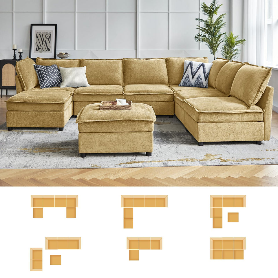 HULALA HOME 127'' Modular Sectional Sofa, Oversized U Shaped Couch with Storage Ottoman, Comfy Chenille Sofa with Deep Seat, 6 Seat Convertible Couches for Living Room, Beige