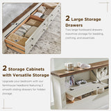 Farmhouse King Size Bed Frame with 54" Tall Storage Bookcase Headboard, Wood Platform Bed Frame with 2 Drawers & 18" Tall Roman Column Decoration Footboard, No Box Spring Needed(Antique White)