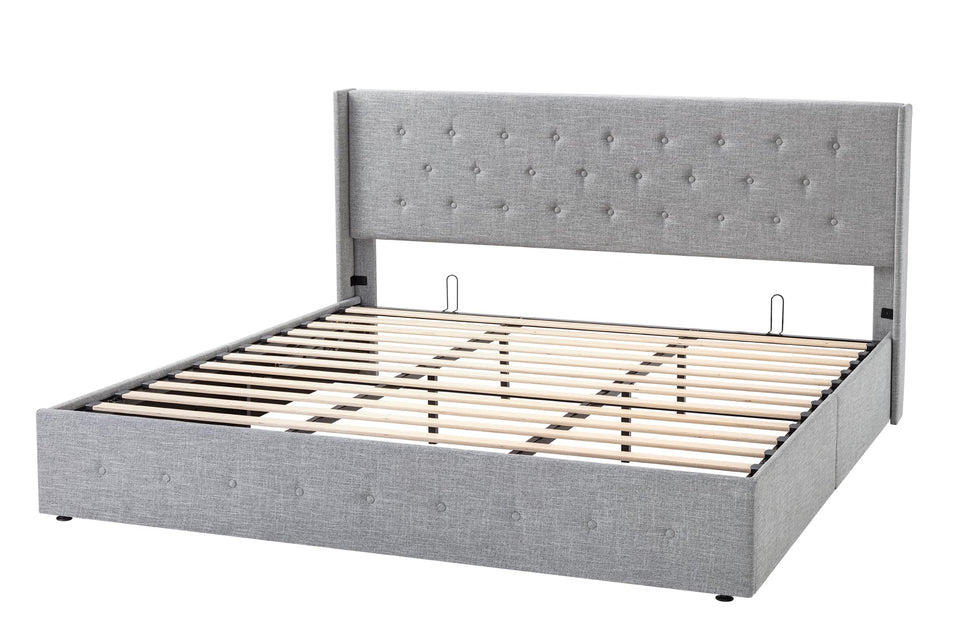 Allewie King Size Lift Up Storage Bed, Modern Wingback Headboard, Hydraulic Support, No Box Spring Needed, Light Beige