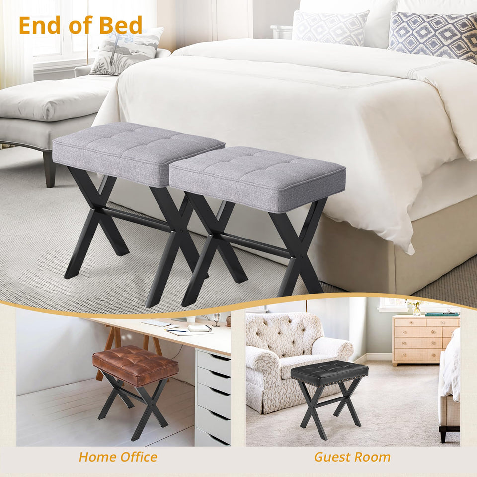 LUE BONA Square Linen Makeup Stool, Metal X Legs, Small Ottoman Stool Chair for Vanity, Modern Padded Seat Foot Rest for Makeup Room, Bathroom