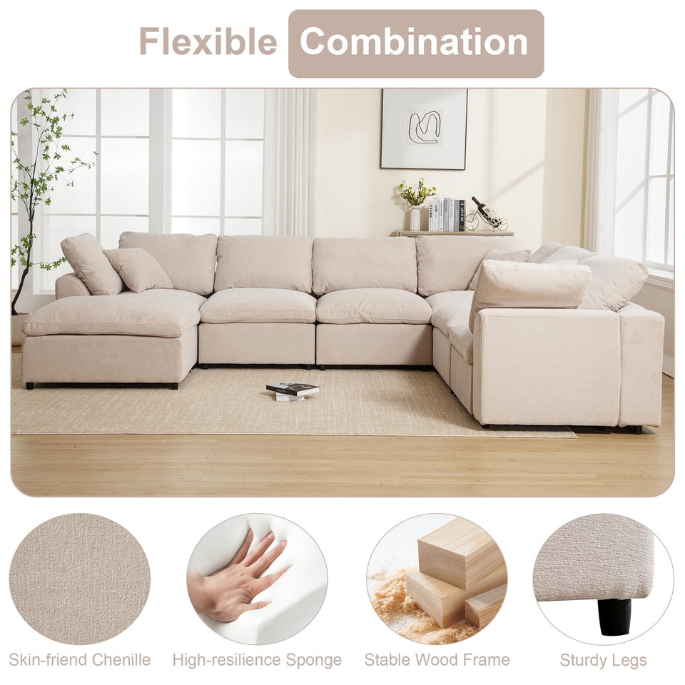 Tmsan 129.3" Oversized Modular Sectional Sofa, U Shaped Couch with Movable Ottoman, Large 7 Seat Corner Couches for Living Room, Spacious Space, Beige