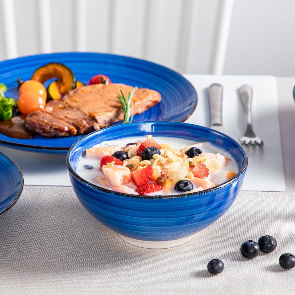 vancasso Bonita Dinnerware Set 24 Pieces Blue Stoneware Service for 6, Handpainted Spirals Pattern Stoneware Combination Set