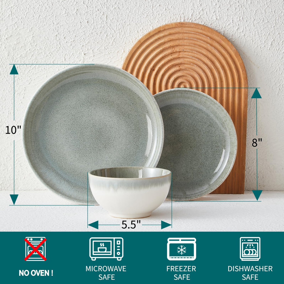 Pokini 24 Piece Dinnerware Sets for 8, Modern Stoneware Plates and Bowls Setst, Perfect for Family Gatherings & Holiday Celebrations, Easy Cleaning Dishes Set, Stack Compactly Dishware, Brown Green
