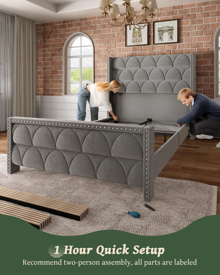 OHOHOLIVE King Size Bed Frame with 56" Headboard - 1000LBS Capacity Support, Velvet Upholstered Wingback Platform Bed Frame, Noise Free, Sturdy Wooden Slat Support