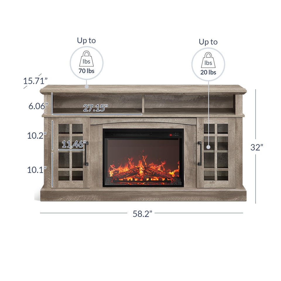 BELLEZE Traditional 58" Rustic TV Stand with 23" Electric Fireplace Heater with Sound, Media Entertainment Center Console Table for TV up to 65" with Open Storage Shelves and Cabinets - Espresso