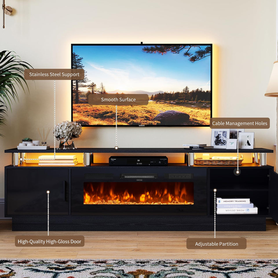 OneBlis 70" TV Stand for Living Room, Modern Entertainment Center & Media Console, Fits TVs up to 80", Storage Cabinet with Shelves, 36" Electric Fireplace with LED Flame (All Black)