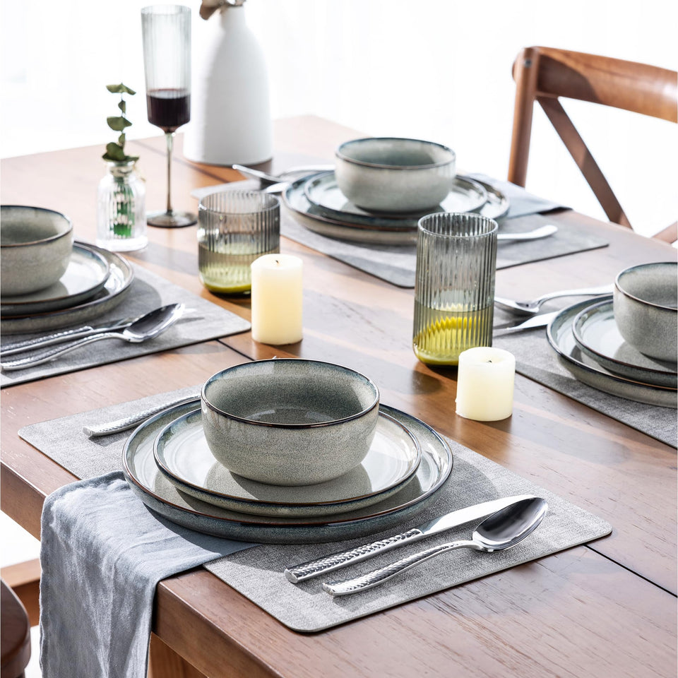 GBHOME Ceramic Dinnerware Sets for 8, 24 Pieces Stoneware Plates and Bowls Sets, Scratch Resistant Dishes, Dishwasher & Microwave Safe, Reactive Glaze-Green Wheat