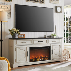 JXQTLINGMU Farmhouse Fireplace TV Stand for Up to 80 Inch TV, Entertainment Center with 30" Electric Fireplace for 65 75 Inch TV, 70" TV Stand with Storage Cabinet Drawer for Living Room (Off White)