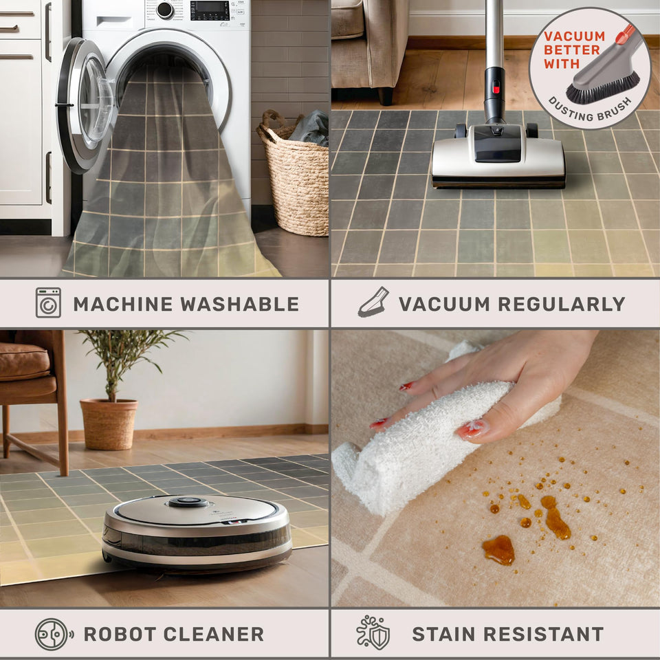 Neutral Living Room Rug - 10x14 Farmhouse Beige Brown Large Area Rug for Dining Room, Bedroom, Low Pile Lightweight Washable