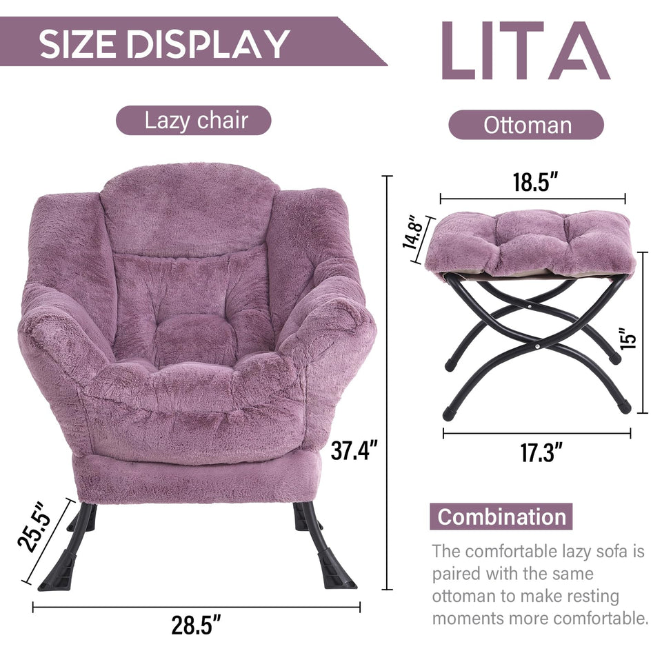 LITA Lazy Chair with Ottoman, Modern Accent Leisure Upholstered Lazy Sofa Armchair, Contemporary Lounge Reading Chair with Armrests and a Side Pocket for Living Room, Bedroom & Small Space, Dark Grey