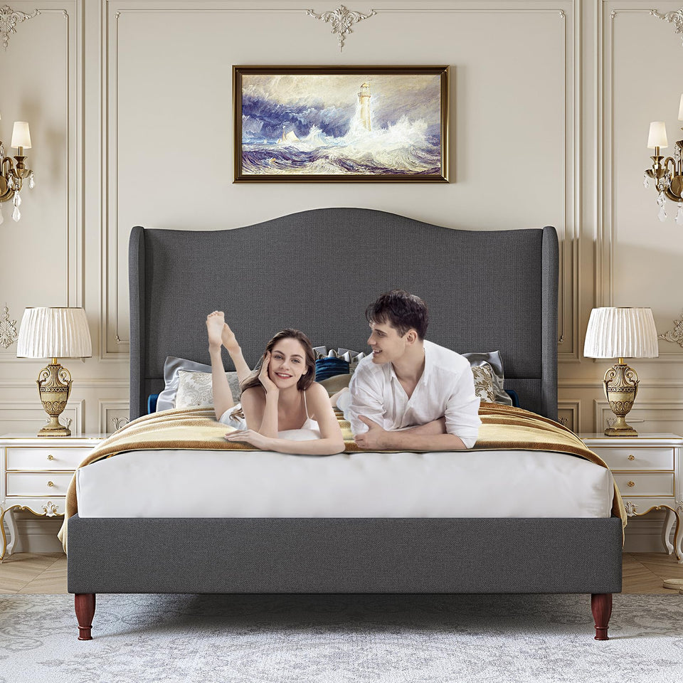 koorlian King Size Bed Frame Upholstered Platform Bed with 51" Tall Headboard Wingback, Soft Fabric, Retro Simple Style Platform Bed No Box Spring Needed, Easy Assembly, Beige