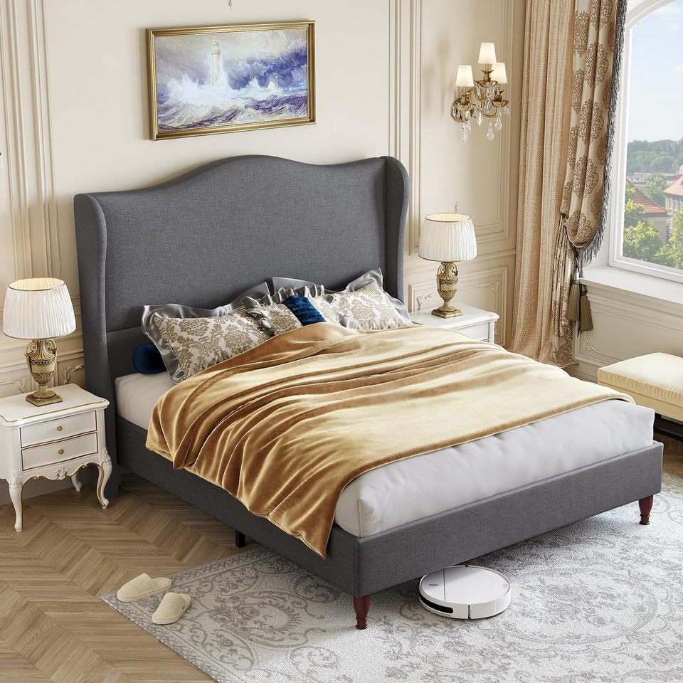 koorlian King Size Bed Frame Upholstered Platform Bed with 51" Tall Headboard Wingback, Soft Fabric, Retro Simple Style Platform Bed No Box Spring Needed, Easy Assembly, Beige