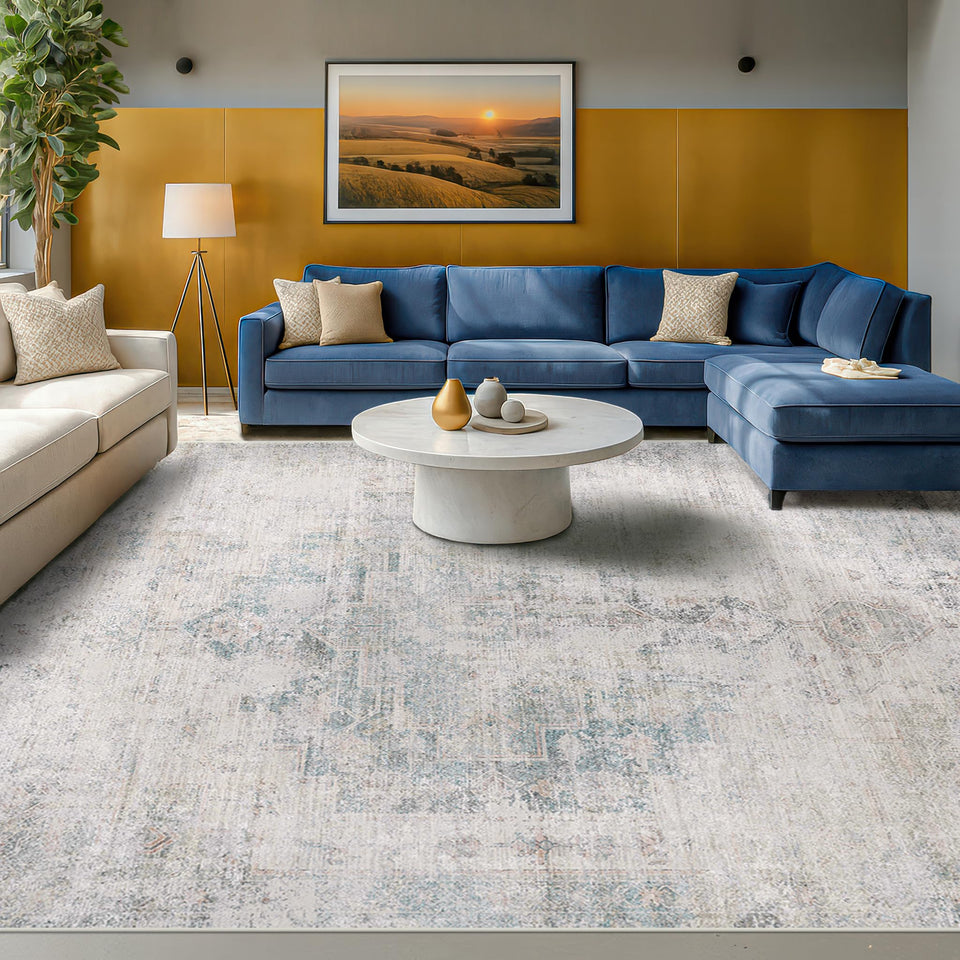 Neutral Living Room Rug - 10x14 Farmhouse Beige Brown Large Area Rug for Dining Room, Bedroom, Low Pile Lightweight Washable