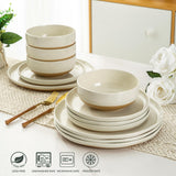 AmorArc Ceramic Dinnerware Sets for 8, 24 Pieces Handpainted Plates and Bowls Set with Rustic Terracotta Underside, Scratch Resistant Stoneware Dishes Set, Dishwasher & Microwave Safe, Light Beige