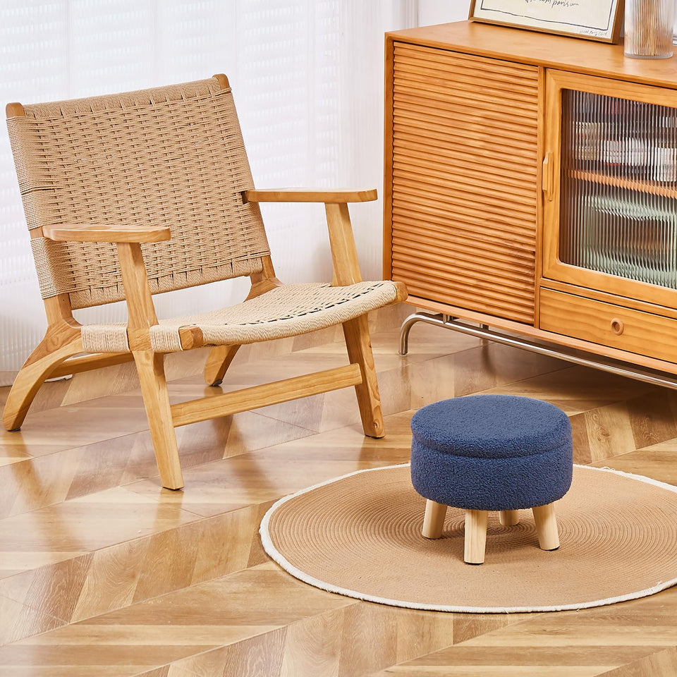 Wimarsbon Storage Ottoman, Modern Round Footrest with Soft Padded Seat, Teddy Velvet Footstool with Wood Legs, Accent Small Table or Plant Stand for Hallway, Living Room (Cream)