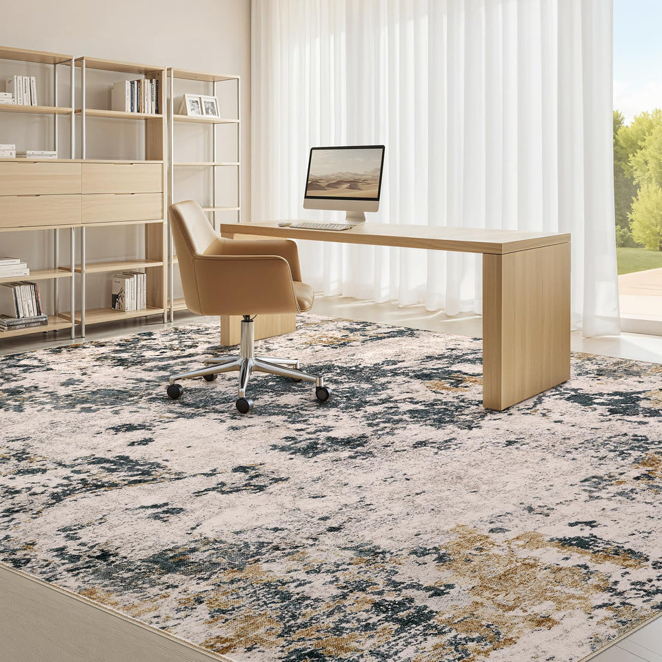 Area Rugs for Living Room: 12x15 Abstract Washable Rug Modern Neutral Large Soft Stain Resistant Non-Slip Backing Machine Table for Bedroom Dining Room Indoor Home Office Carpet - Gold Brown