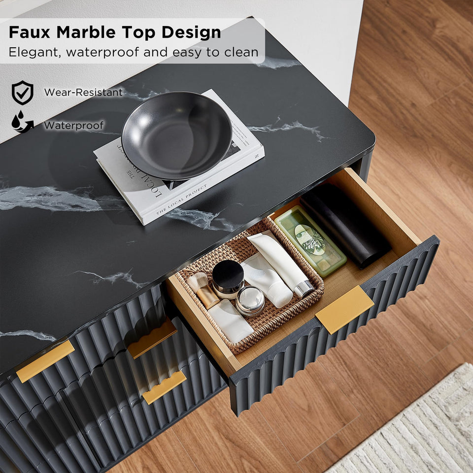 T4TREAM Fluted 7 Drawers Dresser, 54" Wide Modern Chest of Drawers with Faux Marble Top, Curved Profile Design, Dresser TV Stand, Wood Drawer Organizer for Bedroom, Living Room, Hallway, Natural Oak