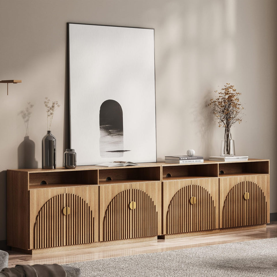 BELLEZE 65 Inch Fluted Buffet Cabinet with Storage, Symmetrical Arc Accent Sideboard Large Console Table for Dining Room, Kitchen, and Living Room (Caramel Brown)