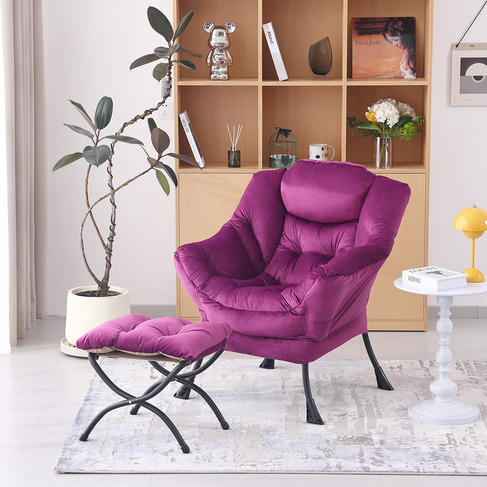 Welnow Lazy Chair with Ottoman, Modern Lounge Accent Chair with Armrests and a Side Pocket, Leisure Sofa Armchair, Reading Armchair with Footrest for Small Space, Dark Grey