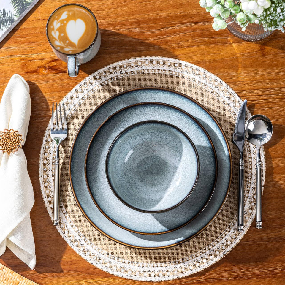 LeRatio Ceramic Dinnerware Sets for 6,Plates and Bowls Sets,Handmade Reactive Glaze Dishes Set,Chip Resistant and Scratch Resistant | Oven&Dishwasher & Microwave Safe-Blue(18PCS)