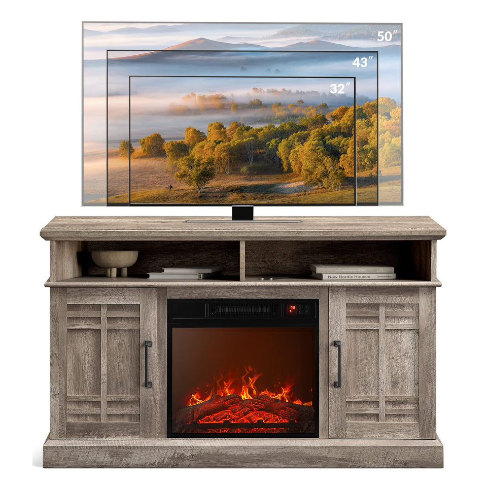 BELLEZE Traditional 58" Rustic TV Stand with 23" Electric Fireplace Heater with Sound, Media Entertainment Center Console Table for TV up to 65" with Open Storage Shelves and Cabinets - Espresso