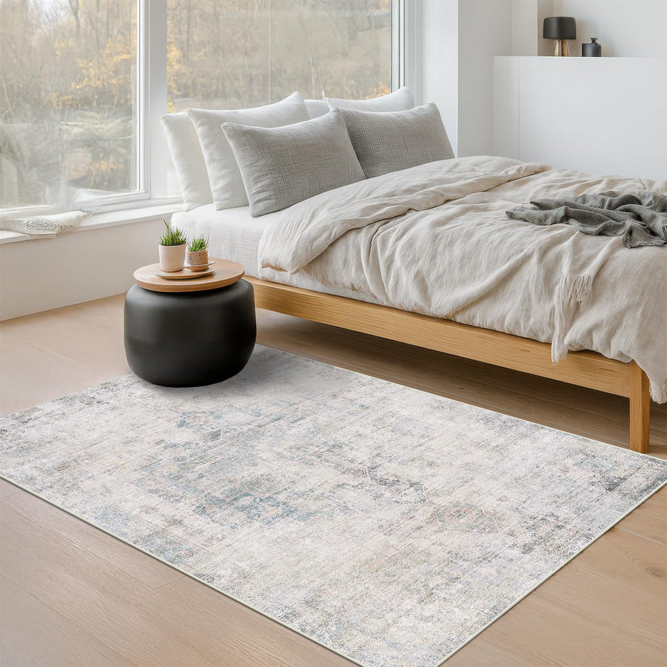 Neutral Living Room Rug - 10x14 Farmhouse Beige Brown Large Area Rug for Dining Room, Bedroom, Low Pile Lightweight Washable