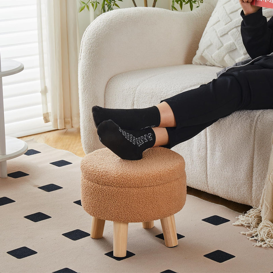 Wimarsbon Storage Ottoman, Modern Round Footrest with Soft Padded Seat, Teddy Velvet Footstool with Wood Legs, Accent Small Table or Plant Stand for Hallway, Living Room (Cream)