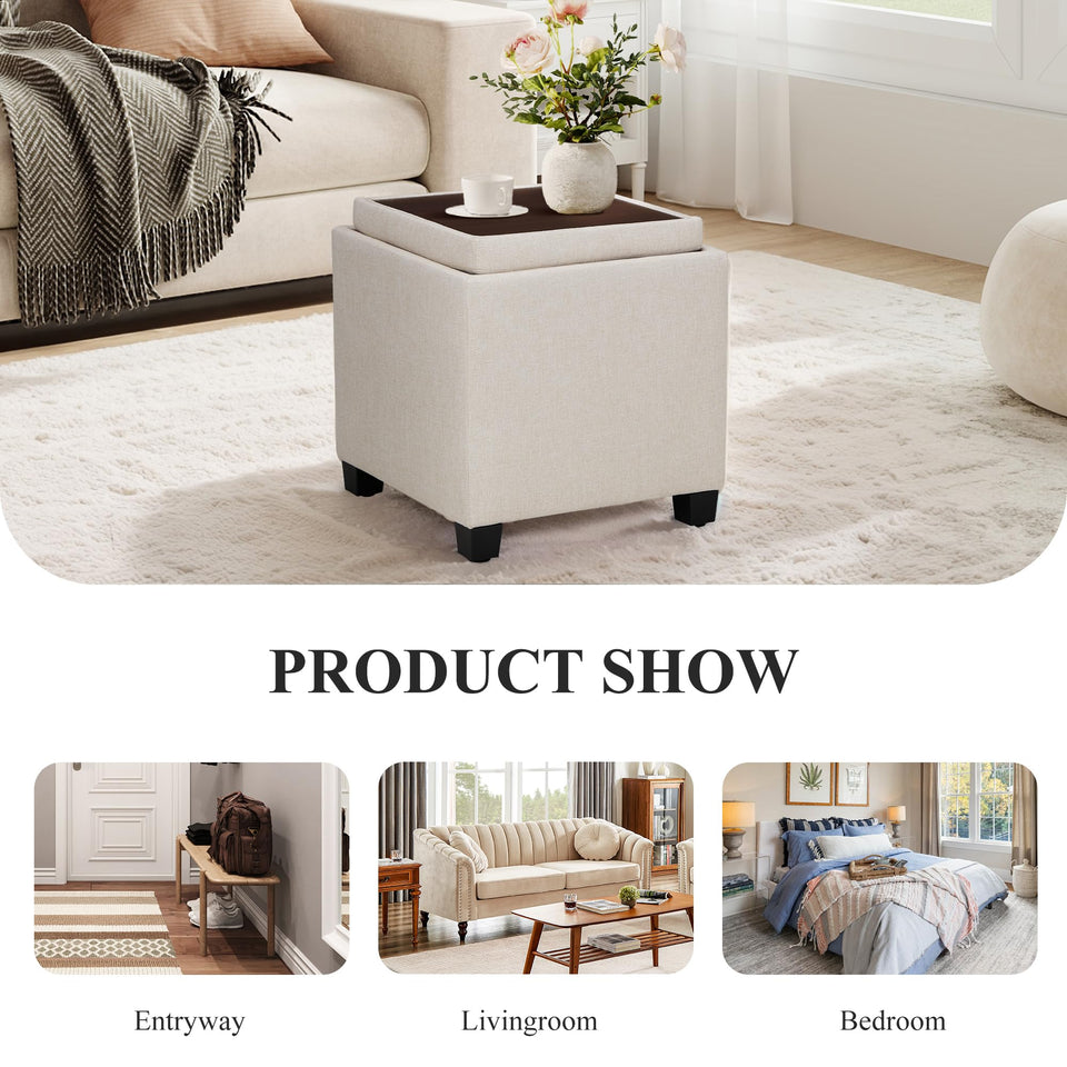 COLAMY Fabric Square Storage Ottoman with Reversible Tray Lid – Multi-Functional Footrest, Hidden Storage, Sturdy & Stylish Small Coffee Table for Living Room, Bedroom, or Entryway(Beige)