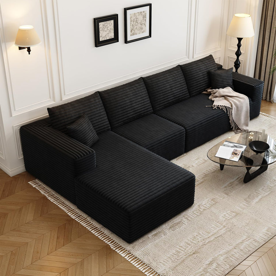 135.4" Cloud Modular Sectional Couch with 1 Ottoman,Modern Minimalist Upholstered Couches, Comfort U Shaped Sofa for Living Room,Deep Seat Corner Couch，No Assembly Required (Black,Left Facing Chaise)