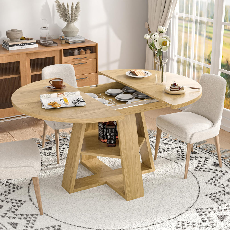 43.3in-59in Extendable Round Dining Table for 4-8,Modern Kitchen Oval Dining Table with Removable Leaves Space Saving,Wood Base with Storage Shelf for Kitchen Living Room (Walnut)