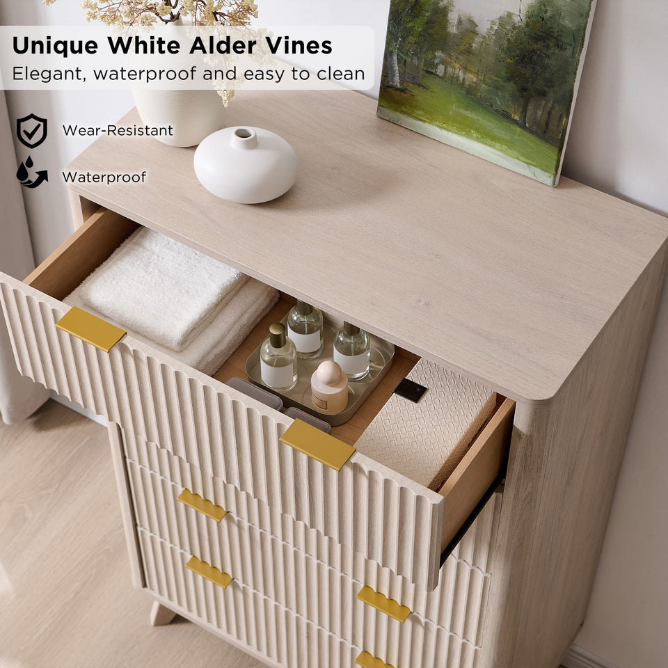 T4TREAM Fluted 7 Drawers Dresser, 54" Wide Modern Chest of Drawers with Faux Marble Top, Curved Profile Design, Dresser TV Stand, Wood Drawer Organizer for Bedroom, Living Room, Hallway, Natural Oak