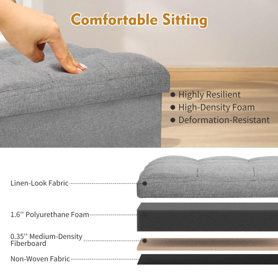 Storage Ottoman with Extra Thick Foam Padded Seat, Foldable Foot Rest Stool with Linen Fabric, 43L Ottoman with Storage Bench for Bedroom Living Room, Holds Up to 300lbs, 17x13x13in, Dark Gray