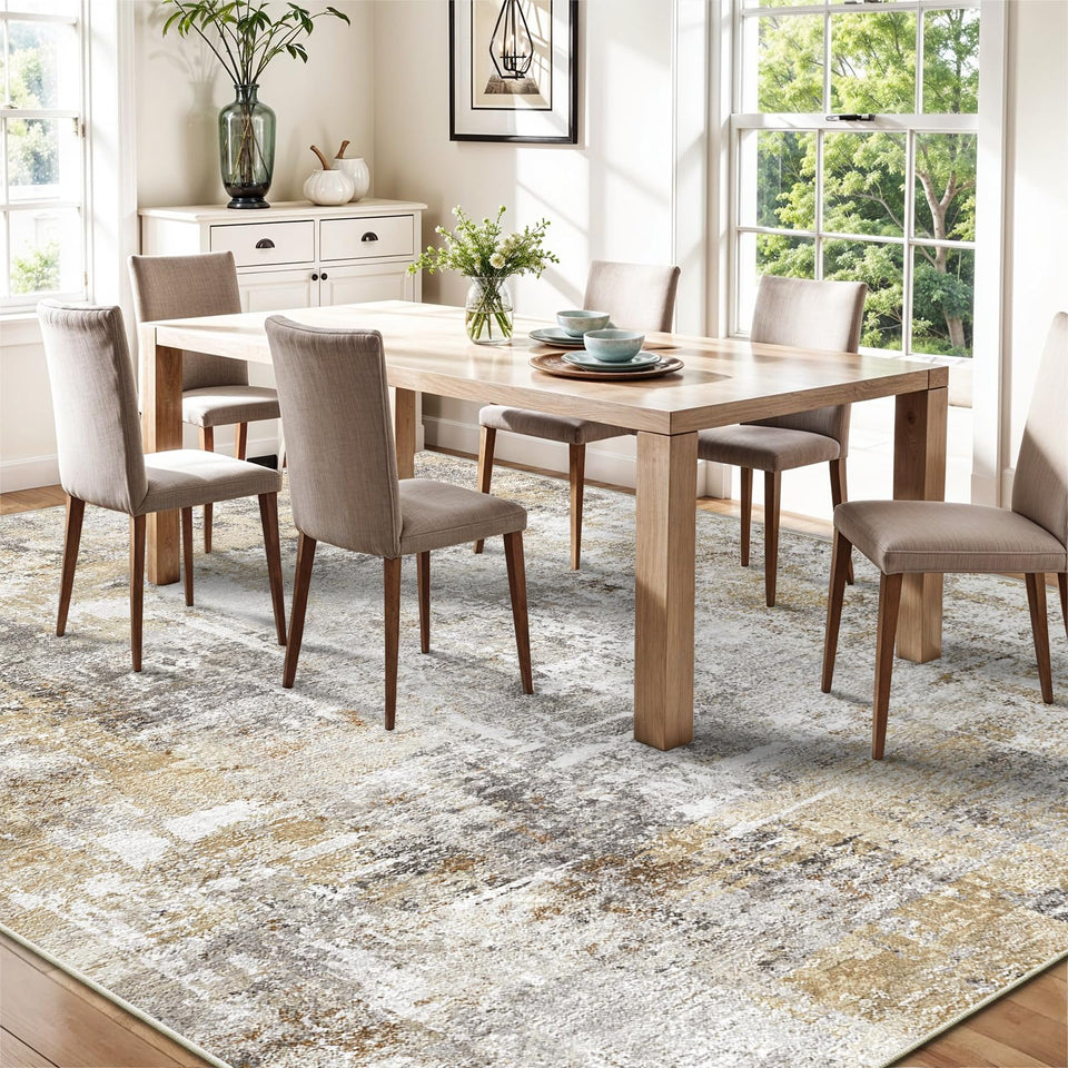 12x15 Area Rug for Living Room – Large Modern Neutral Abstract Thin Washable Carpet, Soft Low Pile Non-Slip Stain-Resistant for Bedroom Dining Room Home Office (Beige Grey)