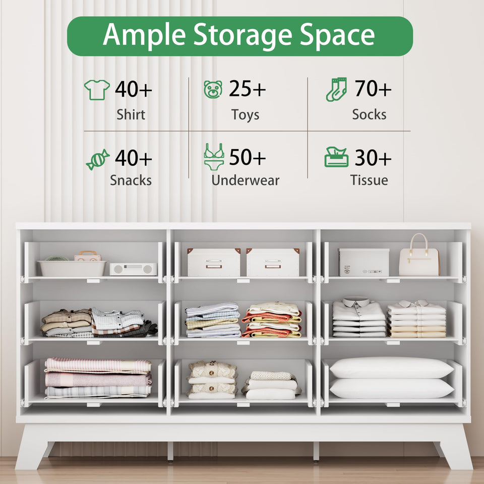 Fluted Dresser for Bedroom with 9 Drawers, 57" Wide Modern Chest of Drawers with Metal Handle, Wooden Dresser TV Stand, Wood Closet Clothes Storage Organizer for Living Room, Hallway, Natural Oak