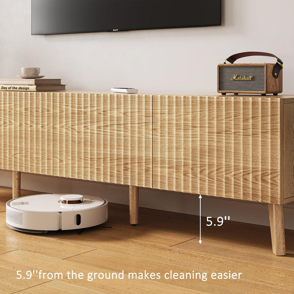 UKAOCAI 86.61'' Tambour TV Stand for 55-85 Inch, Modern Entertainment Center with Large Storage Cabinet & Open Shelves, TV Console with Sliding Doors for Living Room, Bedroom, Natural