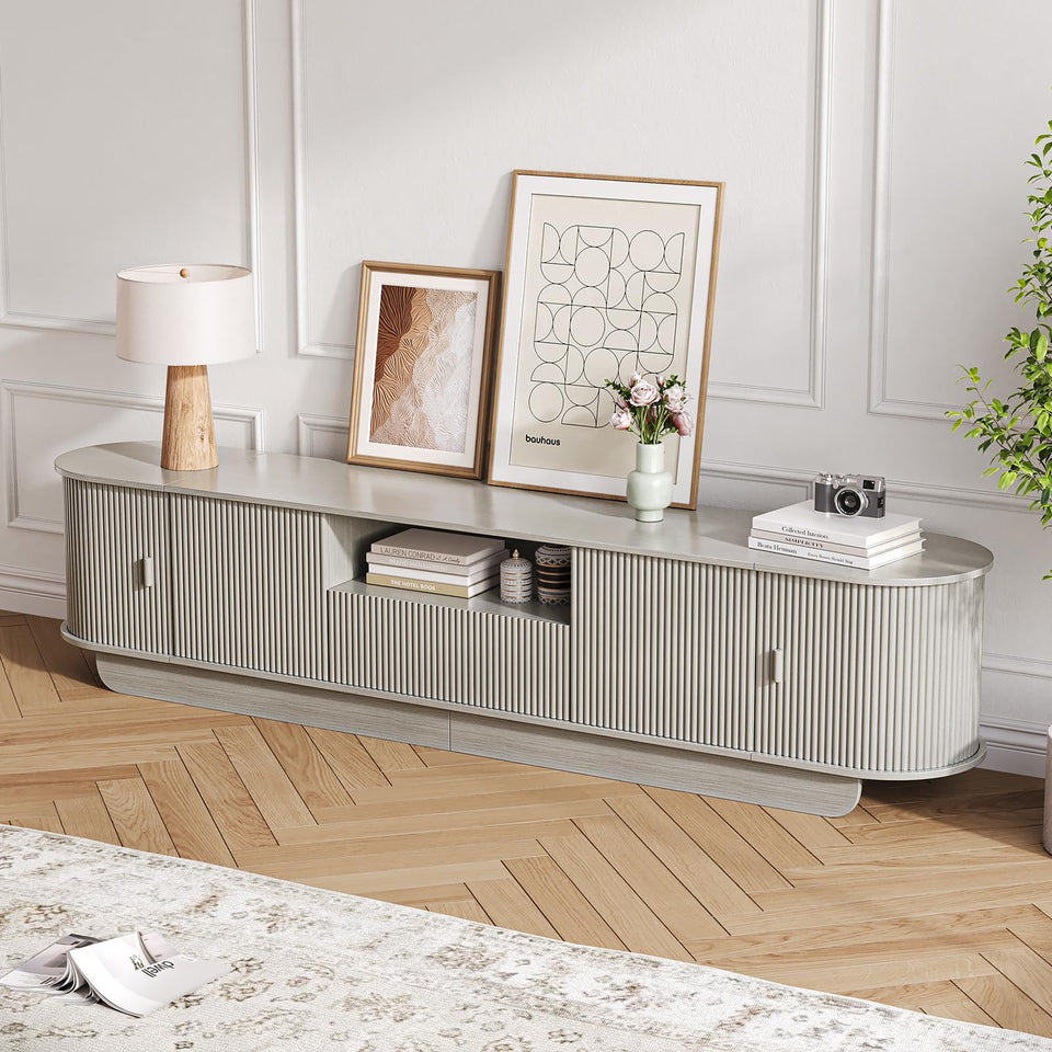 UKAOCAI 86.61'' Tambour TV Stand for 55-85 Inch, Modern Entertainment Center with Large Storage Cabinet & Open Shelves, TV Console with Sliding Doors for Living Room, Bedroom, Natural