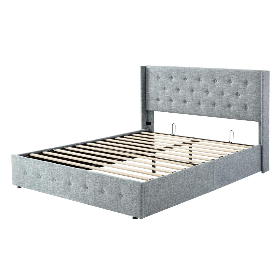 Allewie King Size Lift Up Storage Bed, Modern Wingback Headboard, Hydraulic Support, No Box Spring Needed, Light Beige
